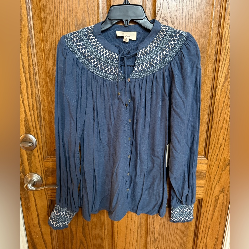 Nurture by Westbound Navy Embroidered Yoke Button-Front Blouse